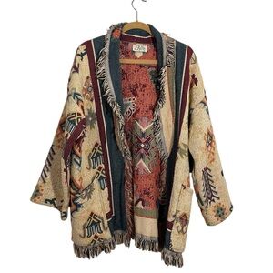 Vintage Tapestry Coat Made in USA Size Large-XL Cardigan Fringe South Western